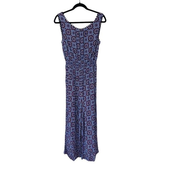 Boden Elisa Pompom Trim Jumpsuit Bold Blue Sun Tile Medallion Print Size 8 - Picture 1 of 15